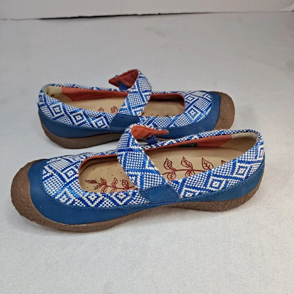 Keen Harvest Button Mary Jane Shoes Women's 6.5M Blue and White ikat pattern